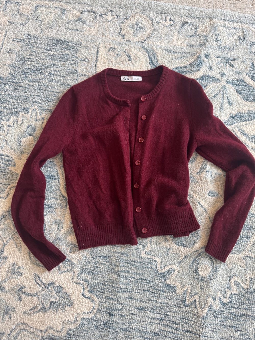 Zara Maroon Button-Up Crewneck Cardigan